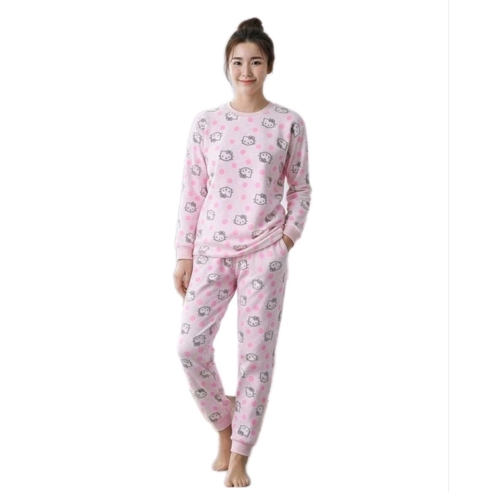 Hello Kitty Sanrio Womens 2pc Pink Knit Lounge PJ Set Long Sleeve Top Jogger - Picture 3 of 16